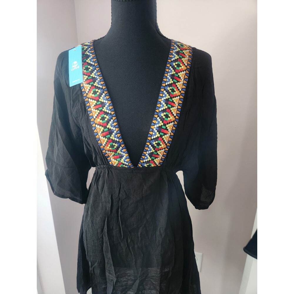 Cupshe V Neck Embroidered Cover Up Dress Black Boho Smocked Waist NWT Size S - Picture 4 of 11